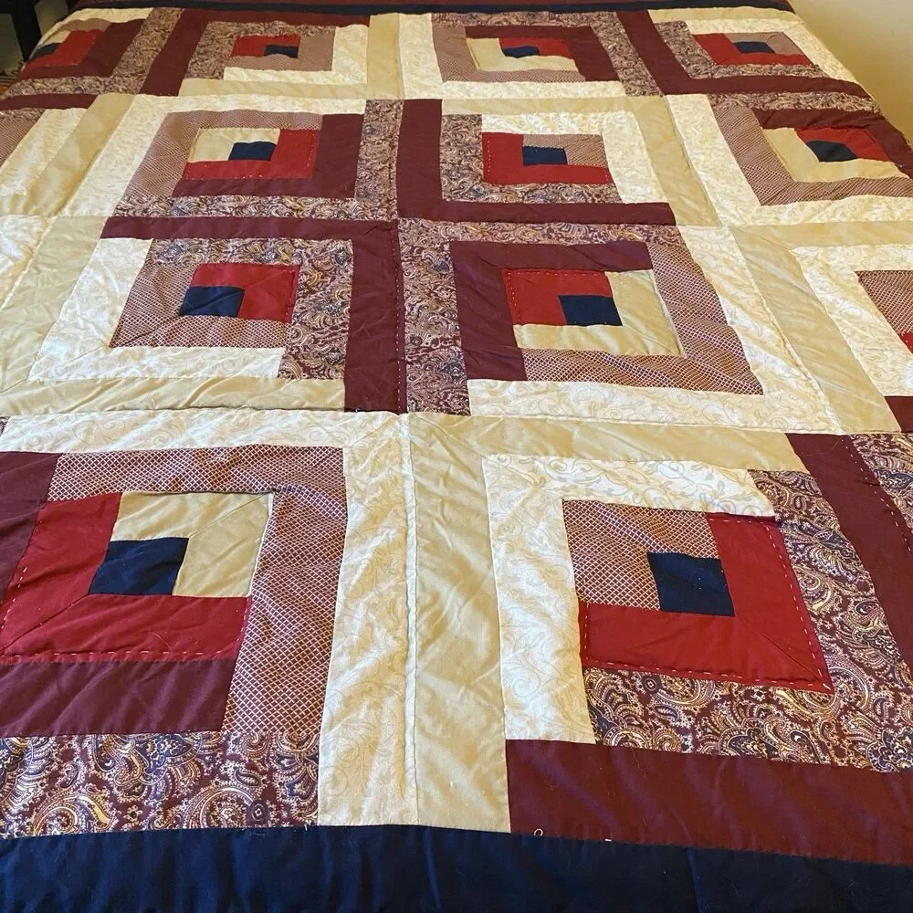 Vintage Hand Stitched Log Cabin Quilt Queen 83x84 Burgundy Navy Farmhouse Decor